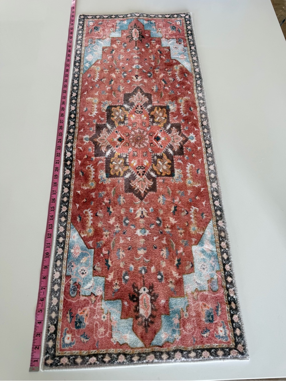 Red/Peach & Blue Geometric Runner Rug - Picture 3 of 4